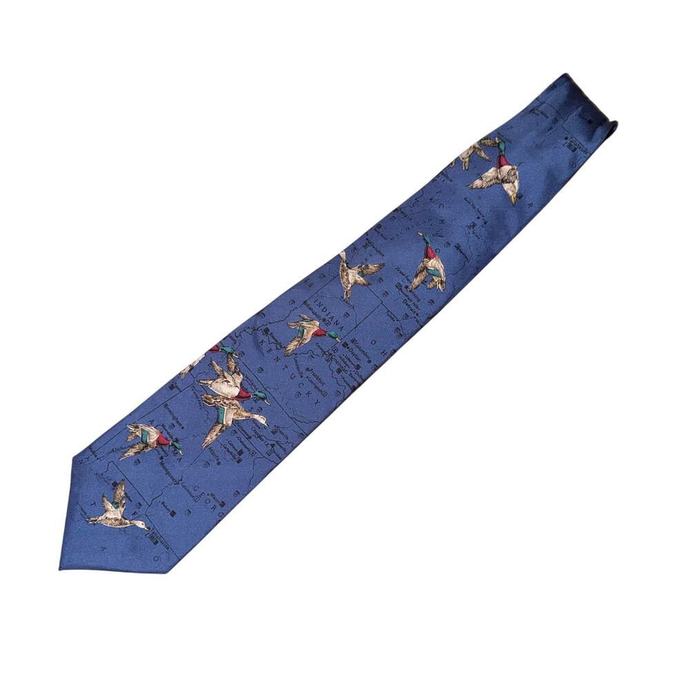 Vintage Ducks Unlimited Silk Tie Flying Mallard Duck Map Print Blue hunting
